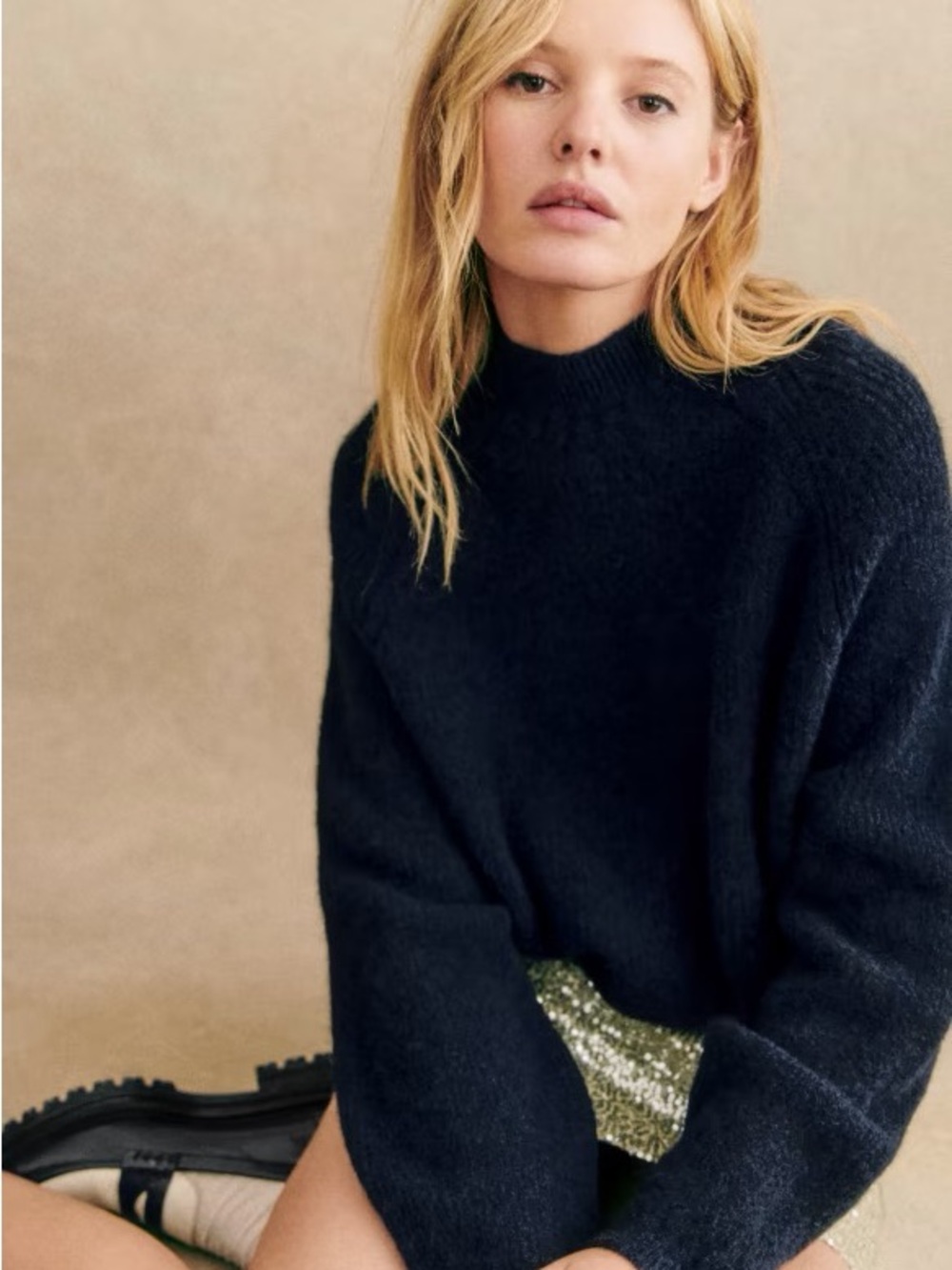 Sezane Otis Sweater in Navy Blue Baby Alpaca
